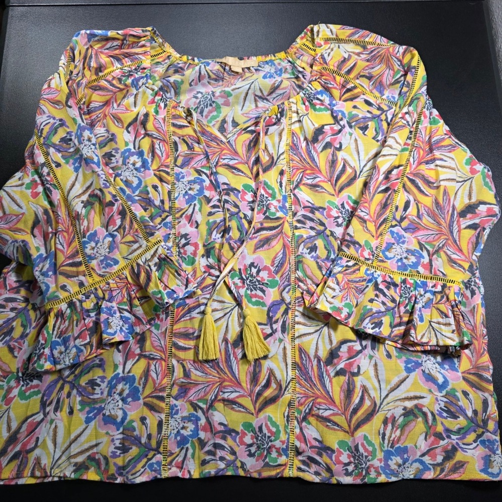 Hope & Harlow Yellow Floral Tassel Boho Blouse Ruffle Sleeve Size L